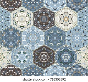 Eastern seamless pattern tiles. Colorful vector set of hexagonal elements for design of wallpaper, fabric or wrapping paper.