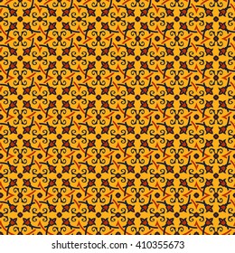 Eastern seamless pattern in  yellow, orange and dark blue colors. Stylized oriental ornament. Vector abstract background.