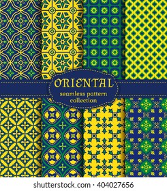 Eastern seamless patterns. Set in green, blue and yellow colors. Colorful collection of stylized oriental ornaments. Trendy abstract backgrounds. Vector illustration.