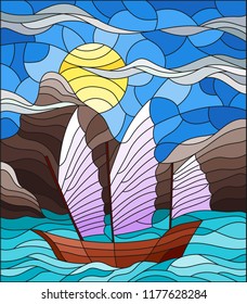 The Eastern ship with light sails on the background of sky, sun and rocky shores