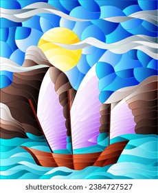 The Eastern ship with light sails on the background of sky, sun and rocky shores