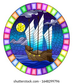 The Eastern ship with red sails on the background of night sky, moon and ocean, round image in bright frame