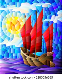 The Eastern ship with red sails on the background of sky, sun and ocean