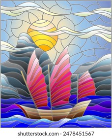 The Eastern ship with red sails on the background of sky, sun and ocean