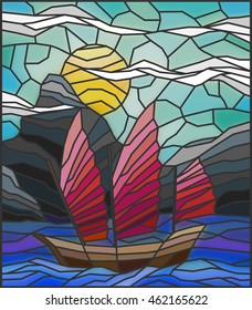 The Eastern ship with red sails on the background of sky, sun and rocky shores