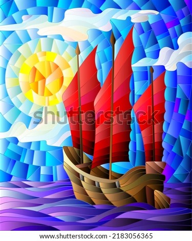 The Eastern ship with red sails on the background of sky, sun and ocean