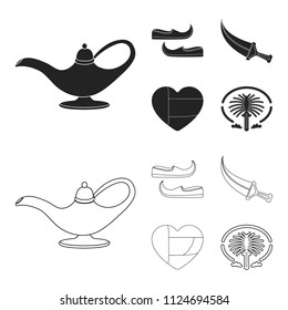 Eastern shoes, dagger, the heart of the emirates,Palm Jumeirah.Arab emirates set collection icons in black,outline style vector symbol stock illustration web.