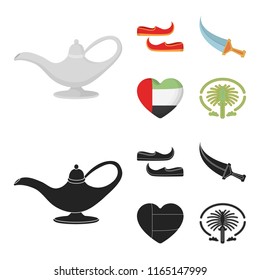 Eastern shoes, dagger, the heart of the emirates,Palm Jumeirah.Arab emirates set collection icons in cartoon,black style vector symbol stock illustration web.