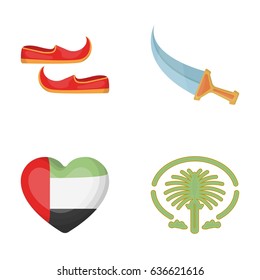 Eastern shoes, dagger, the heart of the emirates,Palm Jumeirah.Arab emirates set collection icons in cartoon style vector symbol stock illustration web.