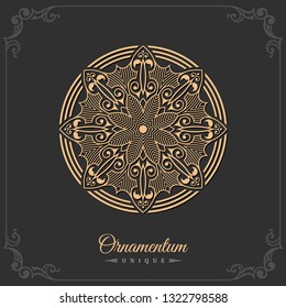 Eastern silhouette of a round ornament. Floral logo with floral pattern. Vector label for cafe, restaurant, yoga. Golden laces for packaging design.