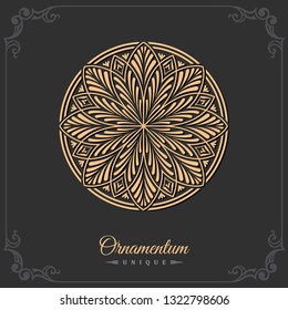 Eastern silhouette of a round ornament. Floral logo with floral pattern. Vector label for cafe, restaurant, yoga. Golden laces for packaging design.