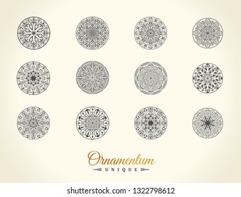 Eastern silhouette of a round ornament. Floral logo with floral pattern. Vector label for cafe, restaurant, yoga. Golden laces for packaging design.