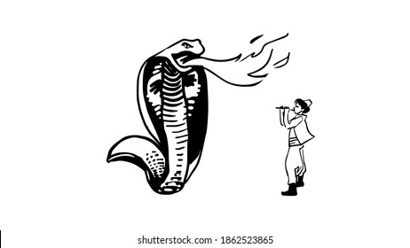 Eastern snake charmer plays a pipe in front of a huge fire-breathing cobra. Black and white vector sketch