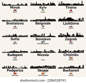 Eastern and Southern Europe cities silhouettes skylines vector set