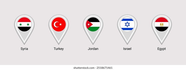 Eastern states flag map pins isolated icons vector illustration. Israel, Turkey, Syria Egypt Jordan location point signs shapes. Official symbols stickers set with country name. Graphic marker badge.