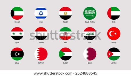 Eastern states flags vector illustration. Asian countries isolated rounded icons. official national flags set with state name. Israel, UAE, Saudi Arabia, Turkey, Egypt simple button badges collection.