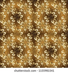 Eastern style element. Golden element on brown and beige colors. Golden outline floral decor. Vector illustration for invitations, cards, web page. Line art seamless border for design template.