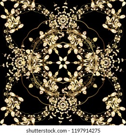 Eastern style element. Golden element on black, brown and beige colors. Vector illustration for invitations, cards, web page. Line art seamless border for design template. Golden outline floral decor.