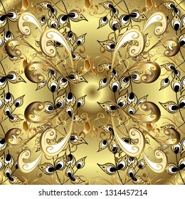 Eastern style element. Golden element on neutral and yellow colors. Vector illustration for invitations, cards, web page. Golden outline floral decor. Line art seamless border for design template.