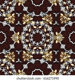 Eastern style element. Golden element on brown background. Vector line art seamless border for design template. Golden outline floral decor. Vector sketch for invitations, thank you message, web page.