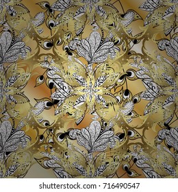 Eastern style element. Golden element on white, neutral and yellow colors. Vector line art ornamental border for design template. Golden outline floral decor. Vector sketch for invitations, cards.