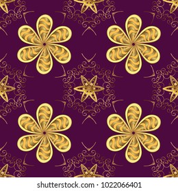 Eastern style element. Golden outline floral decor. Line art seamless border for design template. Vector illustration for invitations, cards, web page. Golden element on purple, yellow, brown colors.