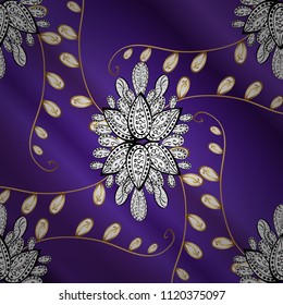 Eastern style element. Golden outline floral decor. Golden element on violet, white, purple colors. Line art ornamental border for design template. Vector illustration for invitations, cards, web page