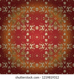 Eastern style element. Golden outline floral decor. Vector illustration for invitations, cards, web page. Golden element on orange, red and brown colors. Line art seamless border for design template.