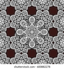 Eastern style element. Golden outline floral decor. Vector line art seamless border for design template. Vector sketch for invitations, thank you message, web page. Golden element on brown background.