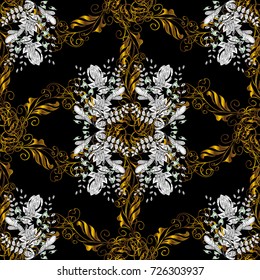 Eastern style element. Golden outline floral decor. Vector sketch for invitations, cards, certificate. Golden element on black, brown, white colors. Vector line art seamless border for design template
