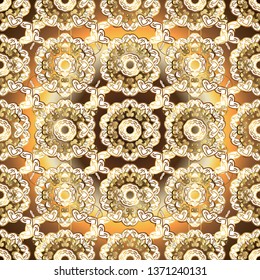 Eastern style element. Line art seamless border for design template. Golden outline floral decor. Golden element on white and brown colors. Vector illustration for invitations, cards, web page.