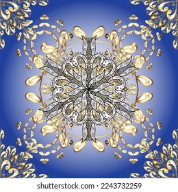 Eastern style element. Line art seamless border for design template. Vector illustration for invitations, cards, web page. Golden element on beige, blue and white colors. Golden outline floral decor.