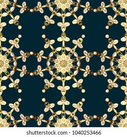 Eastern style element. Vector illustration for invitations, cards, web page. Golden element on blue, brown and beige colors. Golden outline floral decor. Line art seamless border for design template.
