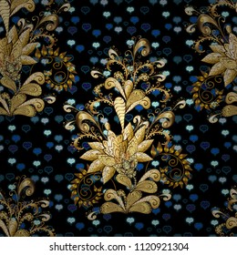Eastern style element. Vector illustration for invitations, cards, web page. Line art seamless border for design template. Golden element on black, blue and brown colors. Golden outline floral decor.