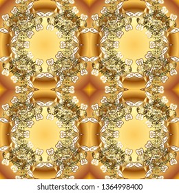 Eastern style element. Vector illustration for invitations, cards, web page. Line art seamless border for design template. Golden element on yellow and brown colors. Golden outline floral decor.