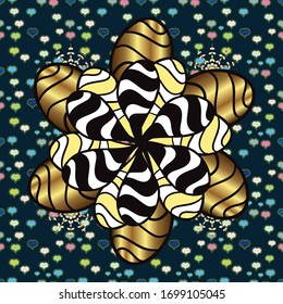 Eastern style element. Vector illustration for invitations, cards, web page. Line art seamless border for design template. Golden outline floral decor. Golden element on blue and black colors.