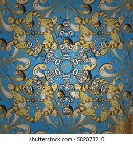Eastern style element. Vector illustration for invitations, cards, web page. Golden outline floral decor. Line art border for design template. Golden element on blue background.