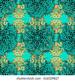 Eastern style element. Vector illustration for invitations, thank you message, web page. Golden element on blue background. Golden outline floral decor. Vector line art border for design template.