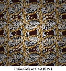 Eastern style element. Vector illustration for invitations, cards, certificate, web page. Golden outline floral decor. Vector line art border for design template. Golden element on brown background.