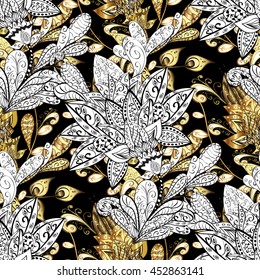 Eastern style element. Vector line art seamless border for design template. Vector sketch for invitations, cards, certificate, thank you message, web page. Golden outline floral decor. Golden element.