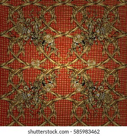 Eastern style element. Vector line art border for design template. Golden outline floral decor. Golden element on red background. Vector illustration for invitations, cards, certificate, web page.