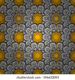 Eastern style element. Vector line art seamless border for design template. White outline floral decor. White element on yellow background. Vector sketch for invitations, cards, certificate, web page.