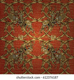 Eastern style element. Vector line art border for design template. Golden outline floral decor. Golden element on red background. Vector illustration for invitations, cards, certificate, web page.