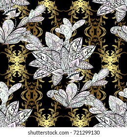 Eastern style element. Vector sketch for invitations, cards, web page. Golden element on black, neutral, gray colors. Golden outline floral decor. Vector line art seamless border for design template.