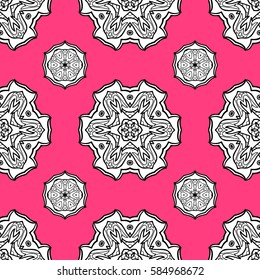 Eastern style element. White element on pink background. Vector sketch for invitations, cards, certificate, web page. Vector line art seamless border for design template. White outline floral decor.