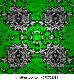 Eastern style element. White outline floral decor. Vector illustration for invitations, cards, certificate, web. White element on green and white background. Vector line art border for design template