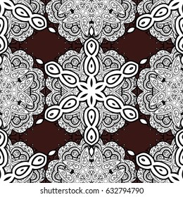 Eastern style element. White outline floral decor. White element on brown background. Line art seamless border for design template. Vector illustration for invitations, cards, web page.