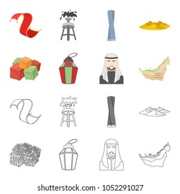 Eastern sweets, Ramadan lamp, Arab sheikh, territory.Arab emirates set collection icons in cartoon,outline style vector symbol stock illustration web.