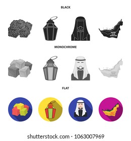 Eastern sweets, Ramadan lamp, Arab sheikh, territory.Arab emirates set collection icons in black, flat, monochrome style vector symbol stock illustration web.