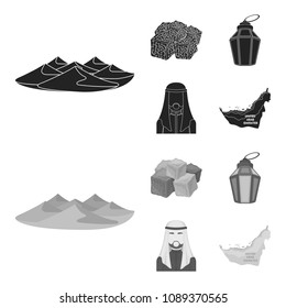 Eastern sweets, Ramadan lamp, Arab sheikh, territory.Arab emirates set collection icons in black,monochrom style vector symbol stock illustration web.